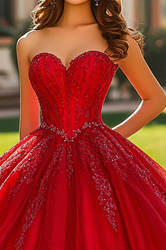 Red Glitter Ball Gown Prom Dress with Sweetheart Neckline and Tulle Skirt