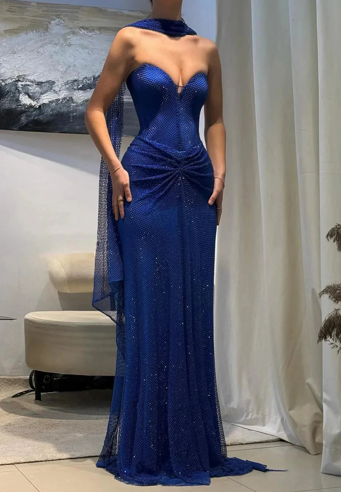 Glitter Royal Blue V-Neck Ruched Prom Dress Long Graduation Gown simple gentle atmospheric and unique desi Bring summer colors to enhance whiteness by YiHuiw