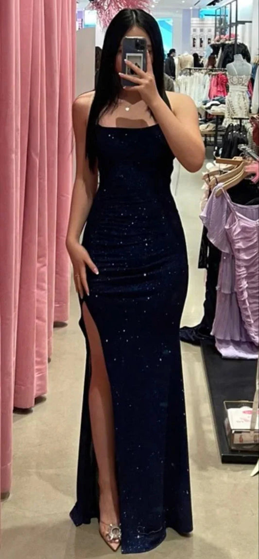 Glitter Sheath Column Prom Dress with Split Evening Dresses for Weddings simple gentle atmospheric and unique desi Bring summer colors to enhance whiteness by YiHuiw