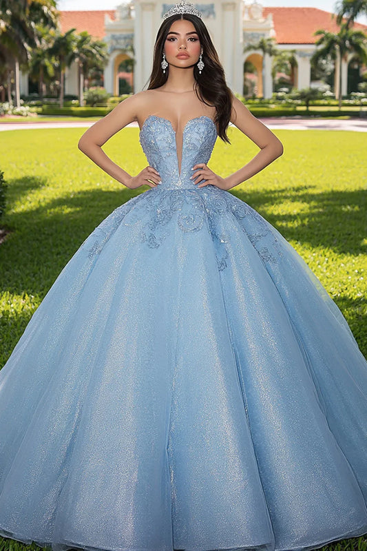 Light Blue Glitter Ball Gown Prom Dress with Sweetheart Corset Bodice and Tulle Skirt