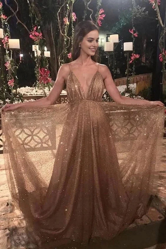 Gold Glitter Spaghetti Strap Deep V-Neck Maxi Dress long gold sequin evening dress tulle backless prom dresses luxury Party Dresses by YiHuiw