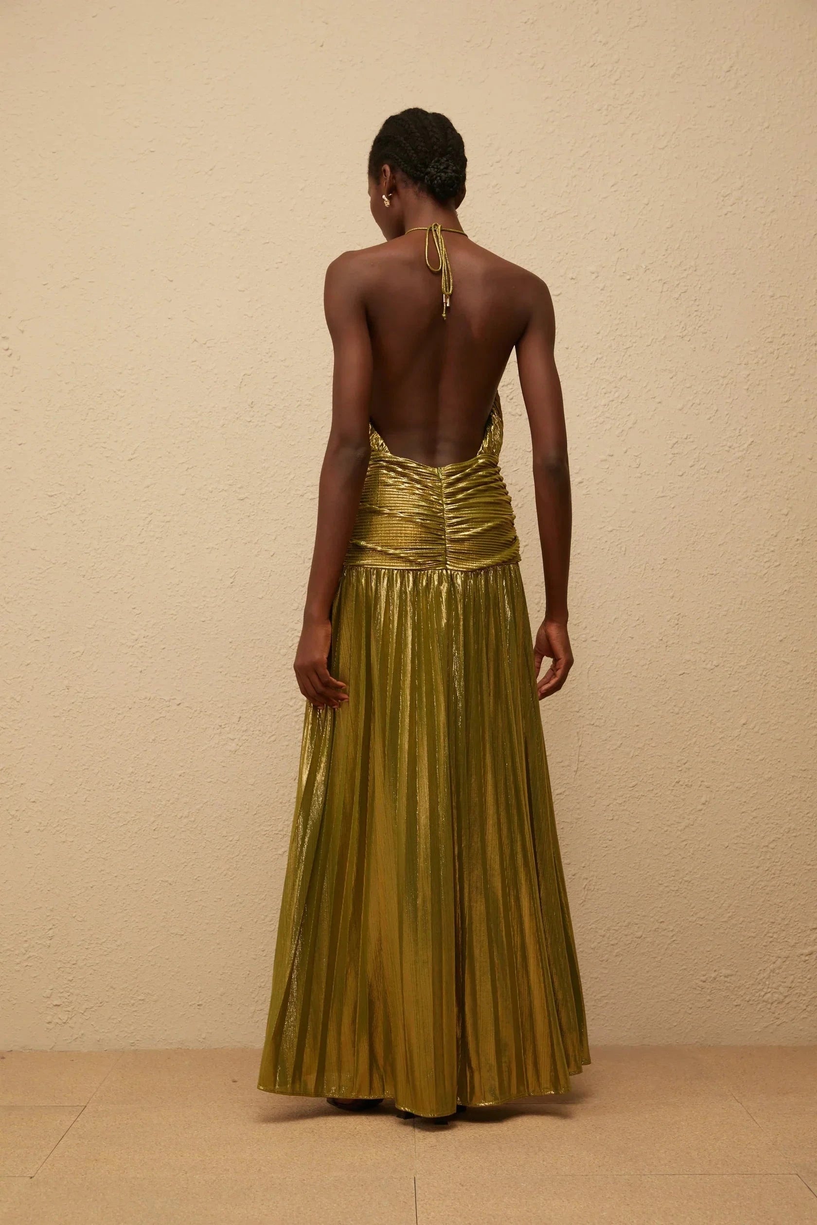 Gold Metallic Halter Neck Open - Back Maxi Dress Green Glossy Pleated Maxi Dress Evening Dress by YiHuiw