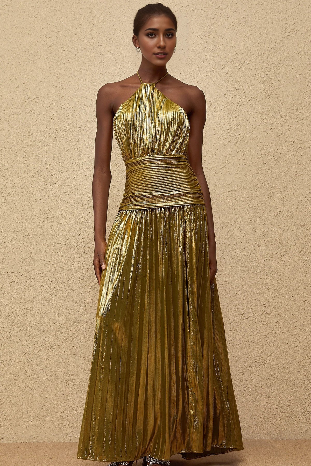 Gold Metallic Halter Neck Open - Back Maxi Dress Green Glossy Pleated Maxi Dress Evening Dress by YiHuiw