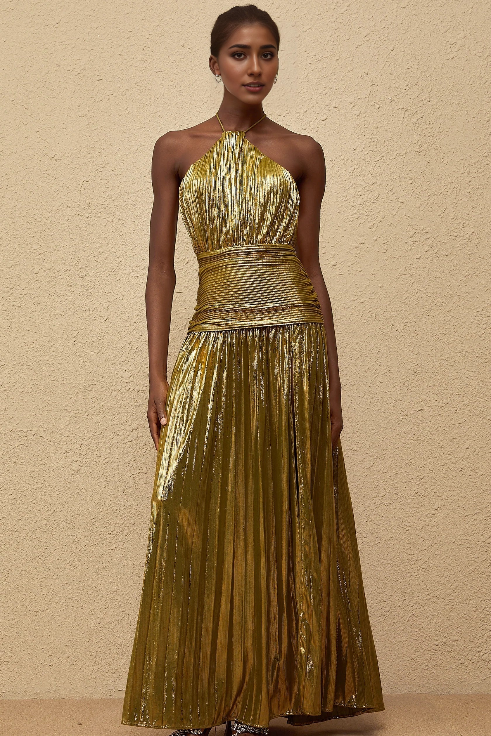 Gold Metallic Halter Neck Open - Back Maxi Dress Green Glossy Pleated Maxi Dress Evening Dress by YiHuiw