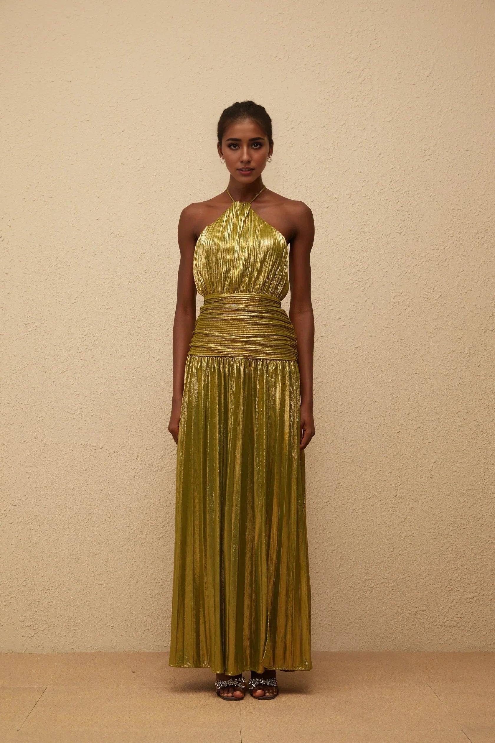 Gold Metallic Halter Neck Open - Back Maxi Dress Green Glossy Pleated Maxi Dress Evening Dress by YiHuiw