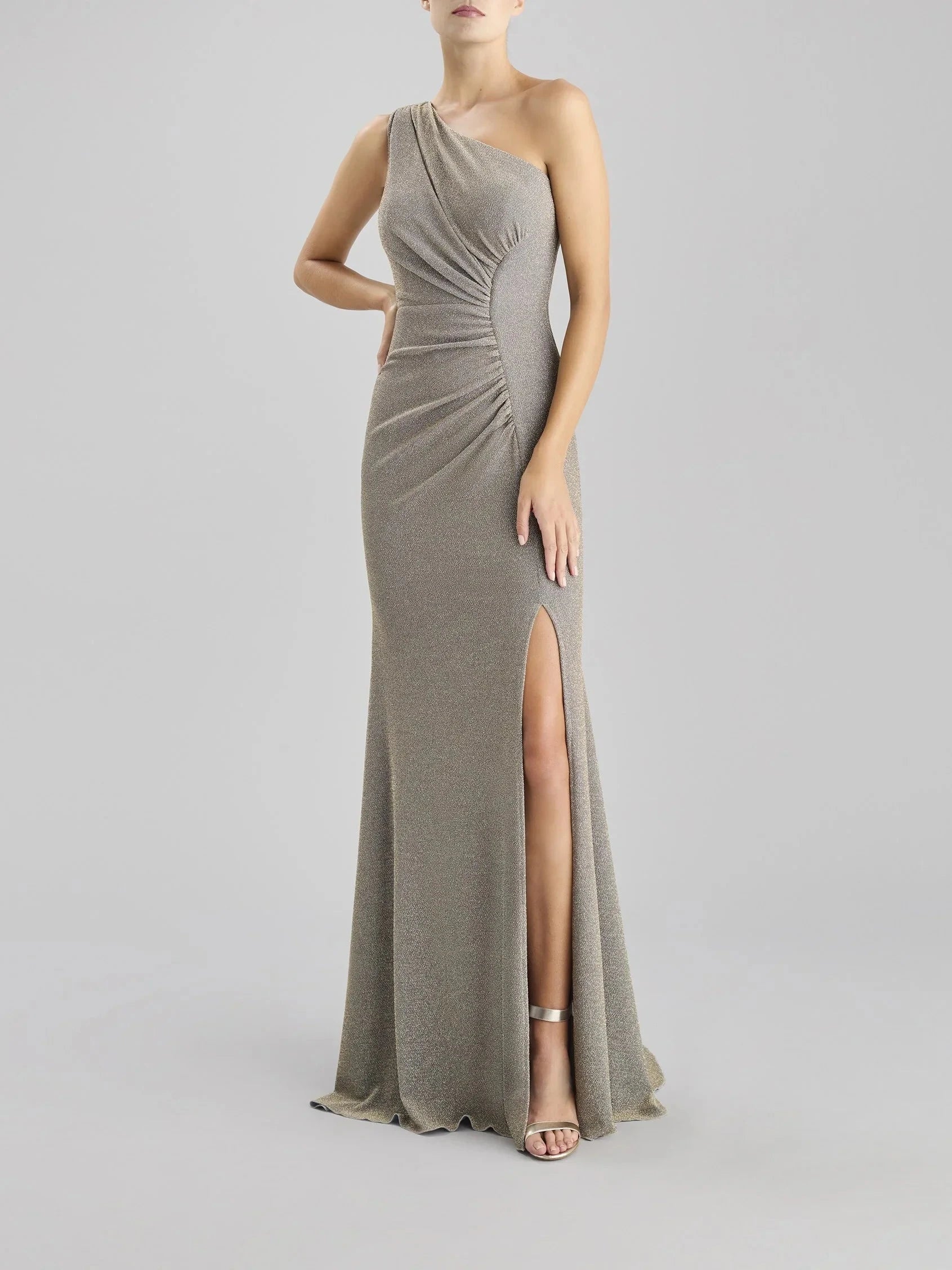 Gold One-Shoulder Ruched Maxi Dress with Side Slit Mermaid knit party dress Bridesmaid Dresses by YiHuiw
