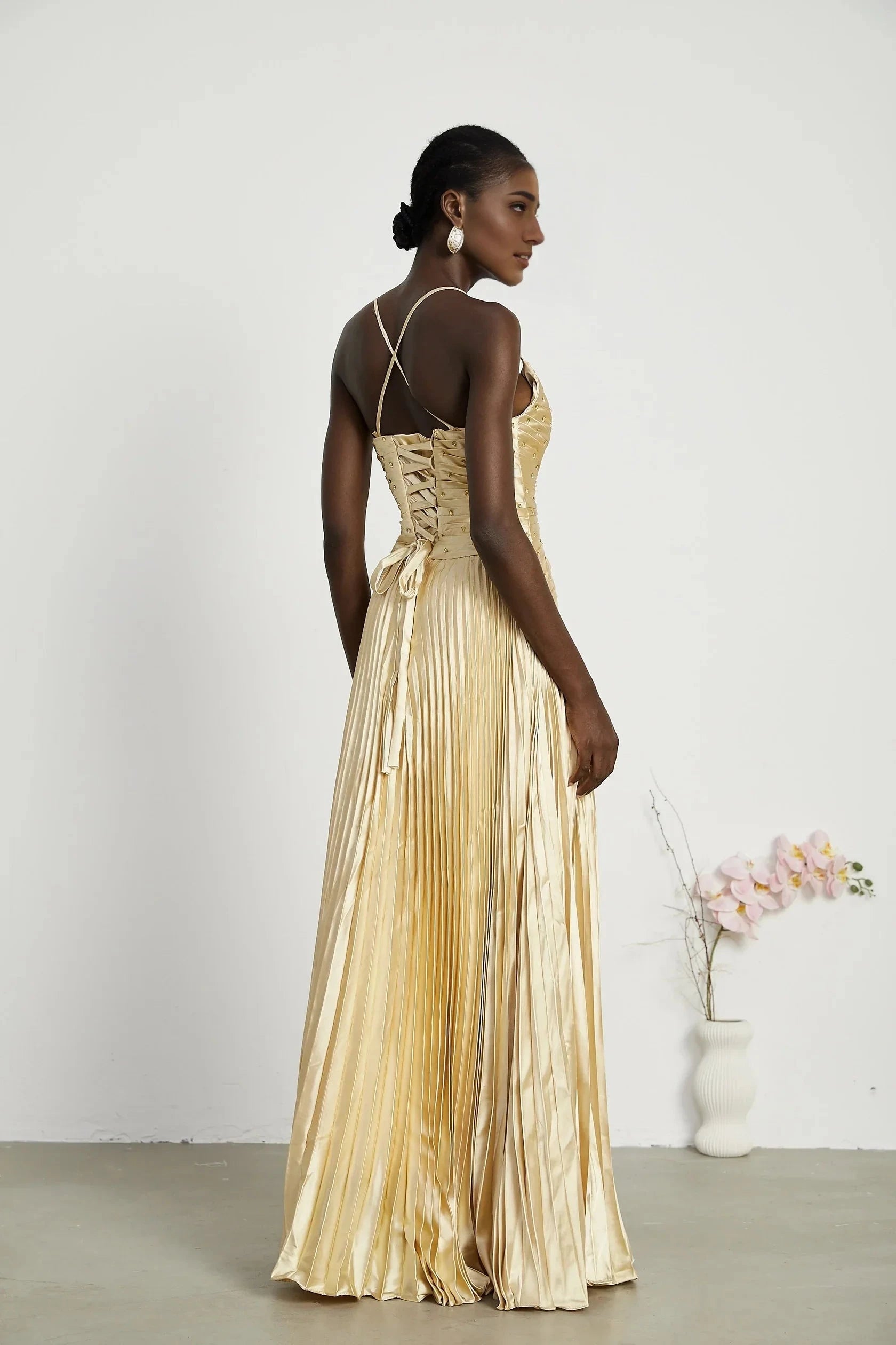 Gold Satin Pleated Embellished Maxi Dress Eline pleated maxi dress Evening Dress by YiHuiw