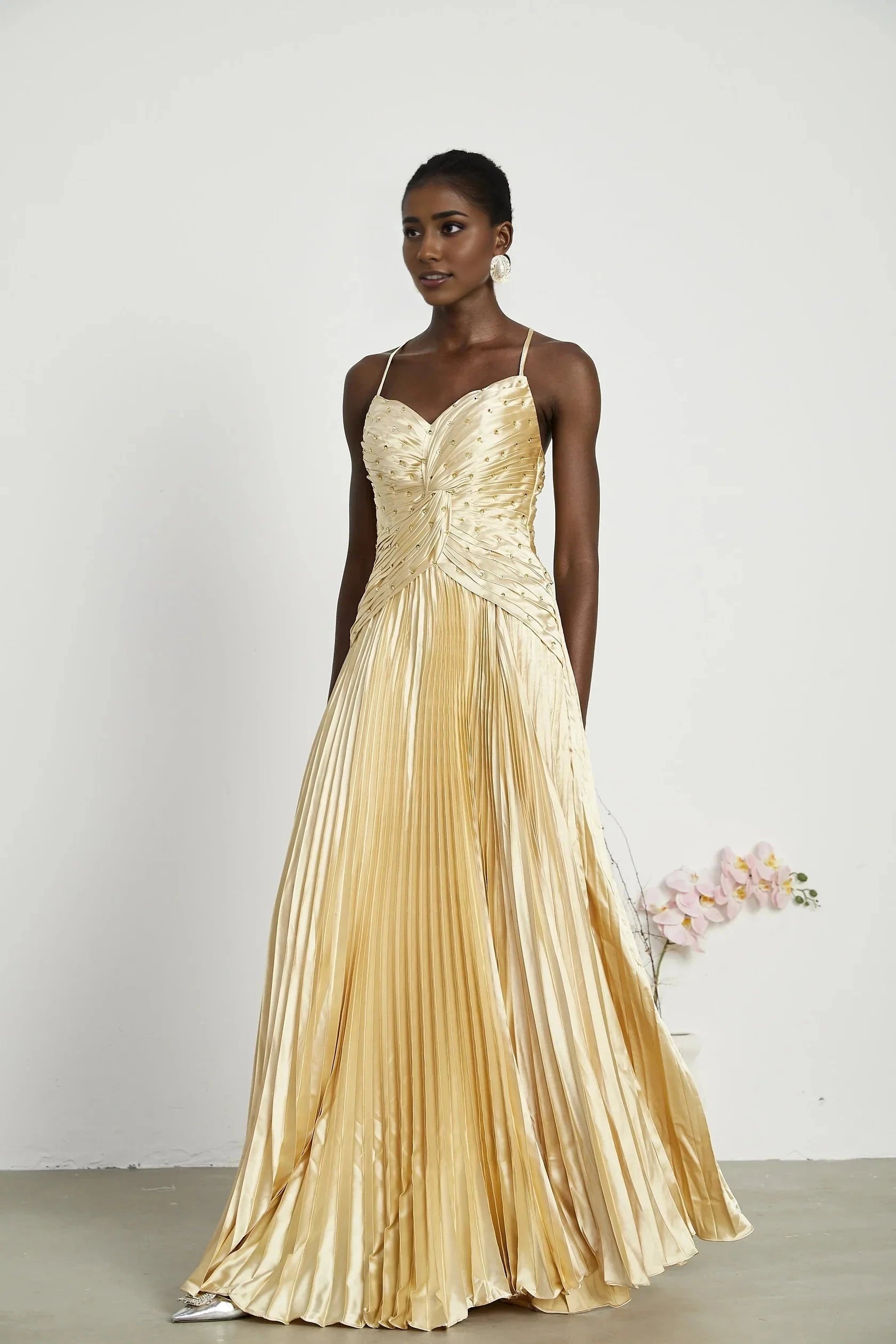 Gold Satin Pleated Embellished Maxi Dress Eline pleated maxi dress Evening Dress by YiHuiw
