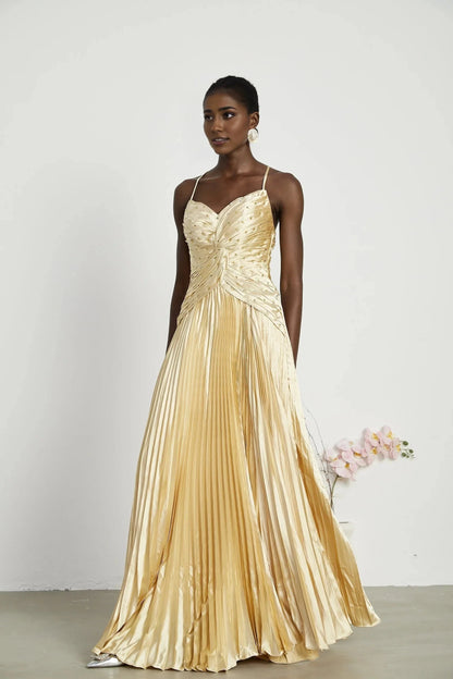 Gold Satin Pleated Embellished Maxi Dress Eline pleated maxi dress Evening Dress by YiHuiw