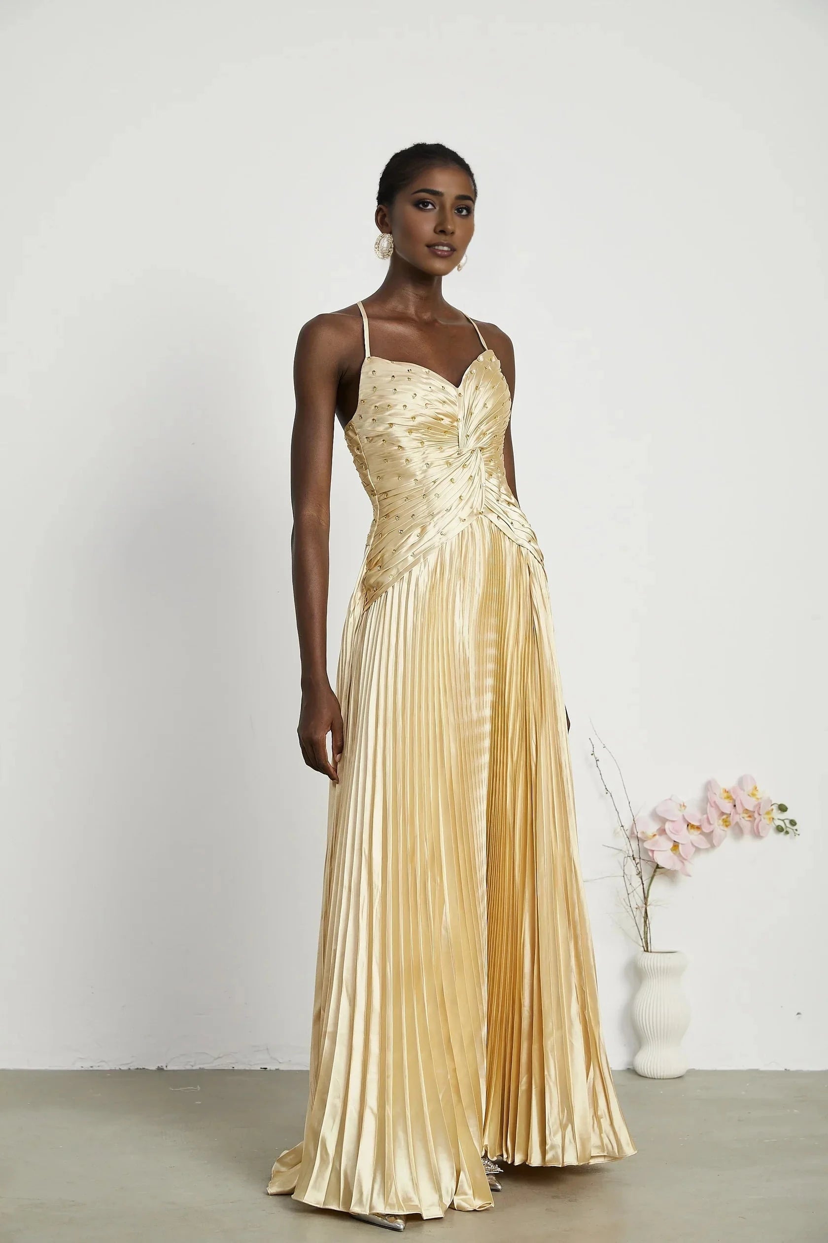 Gold Satin Pleated Embellished Maxi Dress Eline pleated maxi dress Evening Dress by YiHuiw