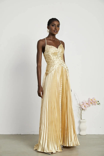 Gold Satin Pleated Embellished Maxi Dress Eline pleated maxi dress Evening Dress by YiHuiw
