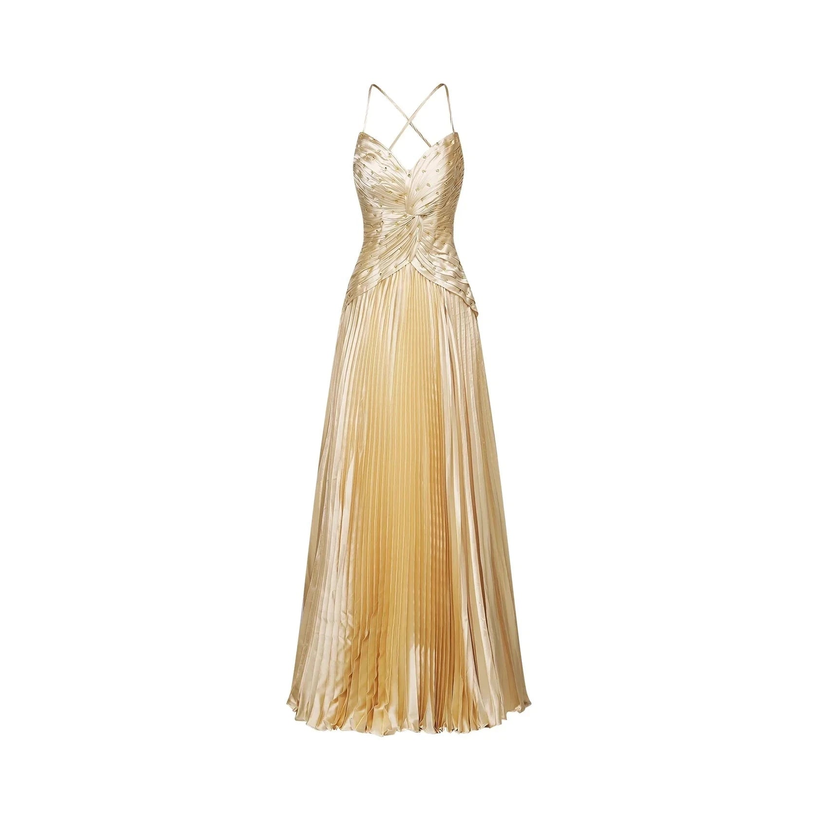 Gold Satin Pleated Maxi Dress with Embellished Bodice Eline pleated maxi dress Evening Dress by YiHuiw