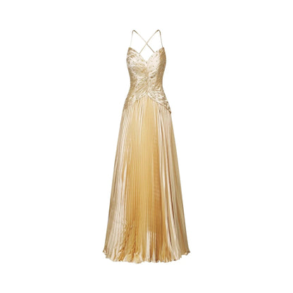 Gold Satin Pleated Maxi Dress with Embellished Bodice Eline pleated maxi dress Evening Dress by YiHuiw