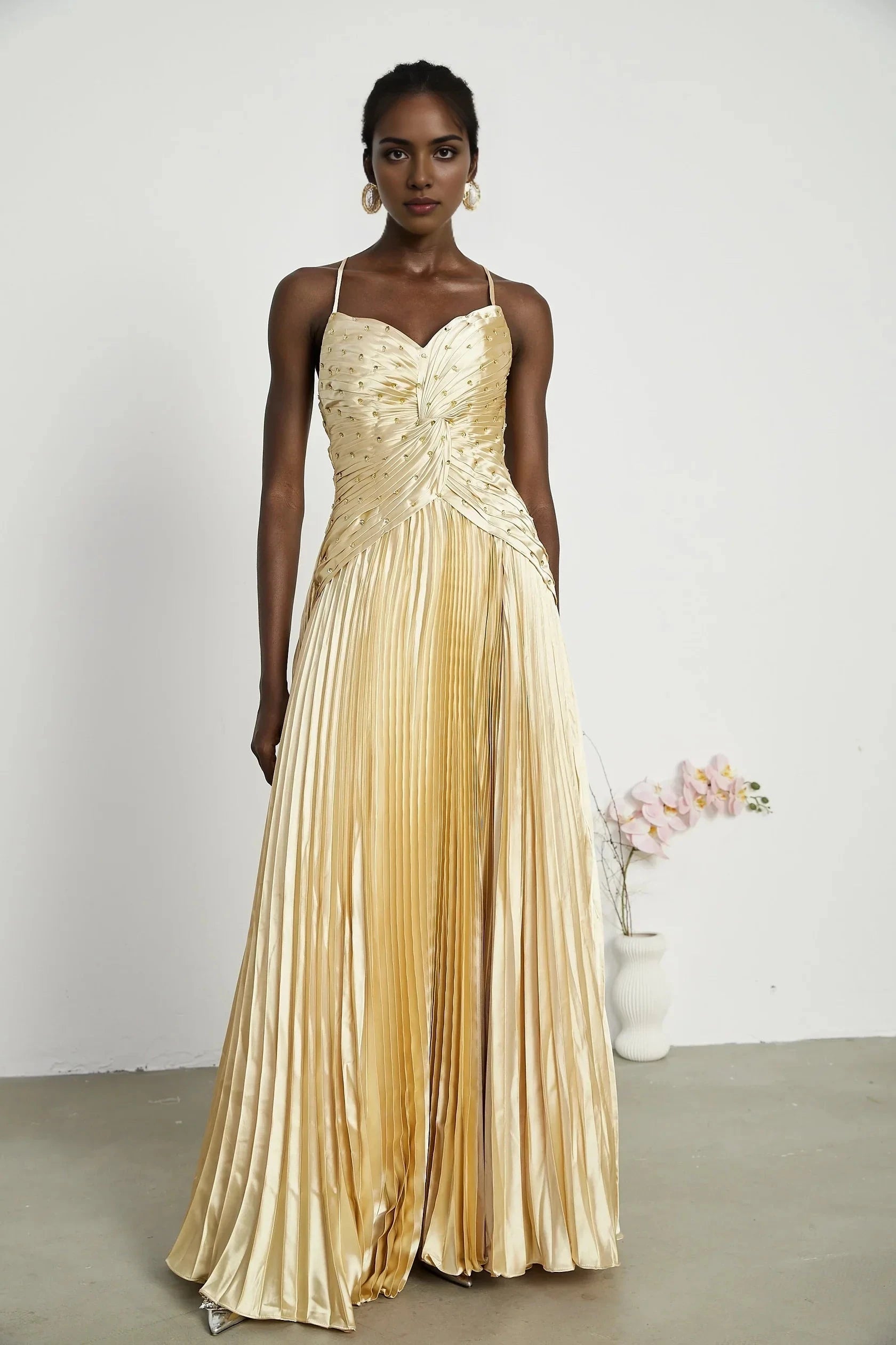 Gold Satin Pleated Maxi Dress with Embellished Bodice Eline pleated maxi dress Evening Dress by YiHuiw