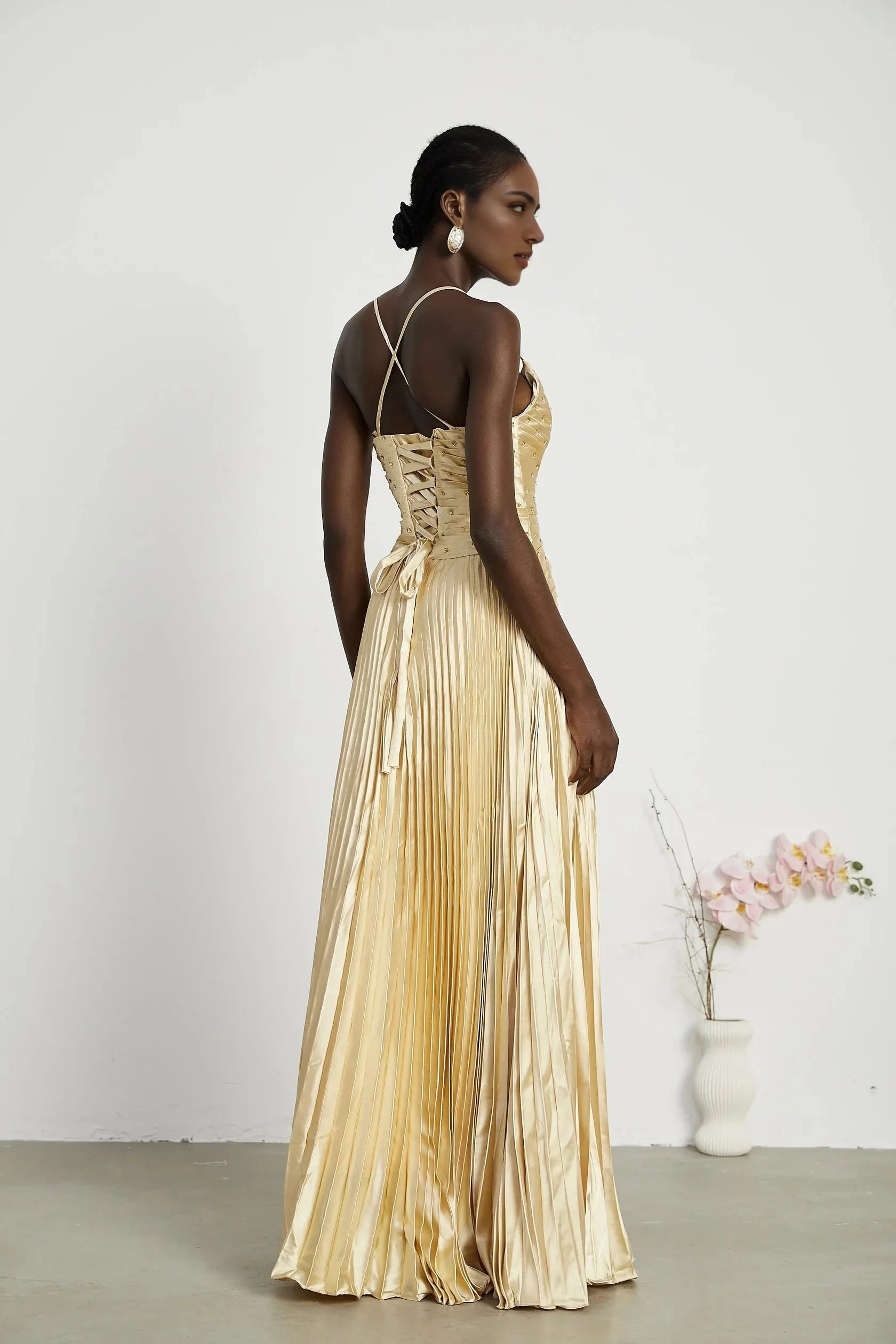 Gold Satin Pleated Maxi Dress with Embellished Bodice Eline pleated maxi dress Evening Dress by YiHuiw