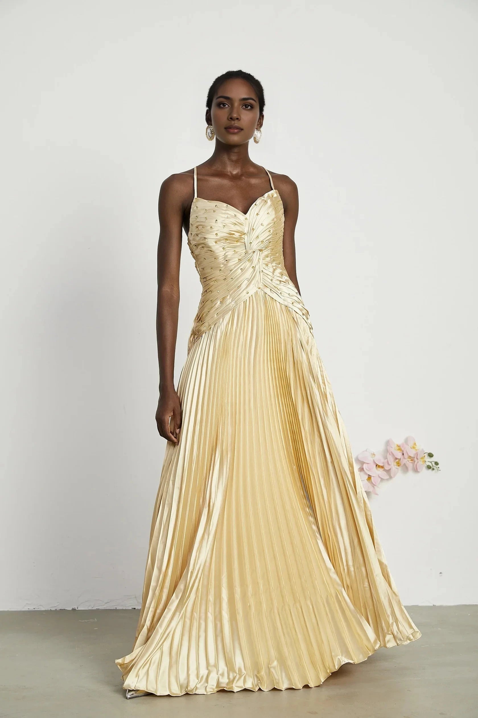 Gold Satin Pleated Maxi Dress with Embellished Bodice Eline pleated maxi dress Evening Dress by YiHuiw