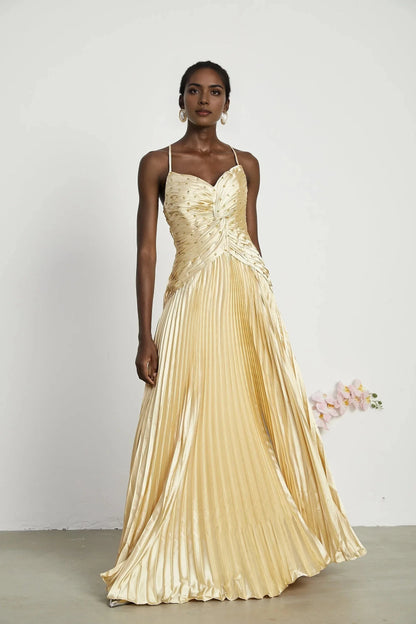 Gold Satin Pleated Maxi Dress with Embellished Bodice Eline pleated maxi dress Evening Dress by YiHuiw