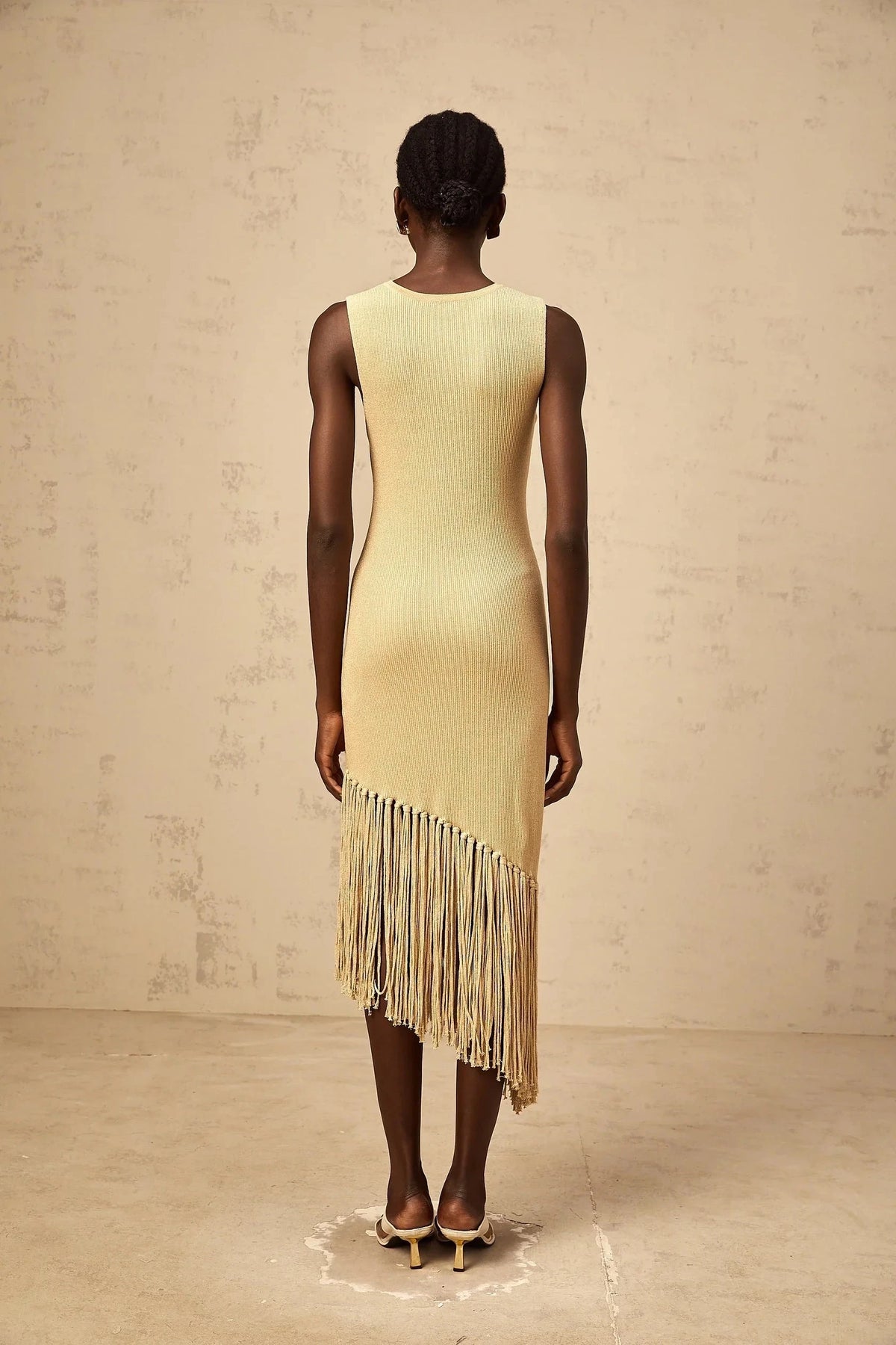 Gold Sleeveless Midi Dress with Asymmetric Fringe Hem Yseult neutrals asymmetrical-fringe knitted midi dress Evening Dress by YiHuiw