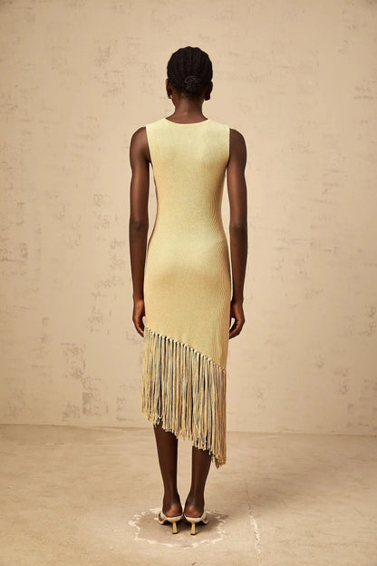 Gold Sleeveless Midi Dress with Asymmetric Fringe Hem Yseult neutrals asymmetrical-fringe knitted midi dress Evening Dress by YiHuiw