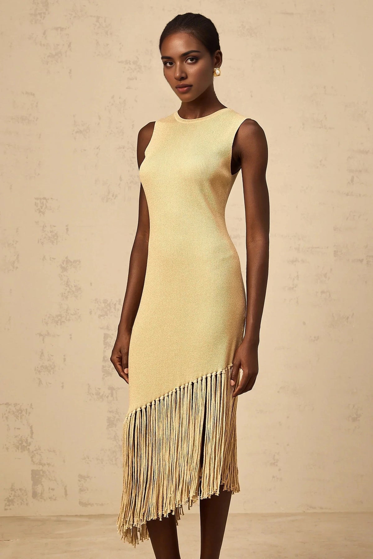 Gold Sleeveless Midi Dress with Asymmetric Fringe Hem Yseult neutrals asymmetrical-fringe knitted midi dress Evening Dress by YiHuiw