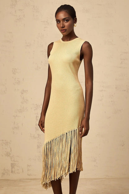 Gold Sleeveless Midi Dress with Asymmetric Fringe Hem Yseult neutrals asymmetrical-fringe knitted midi dress Evening Dress by YiHuiw