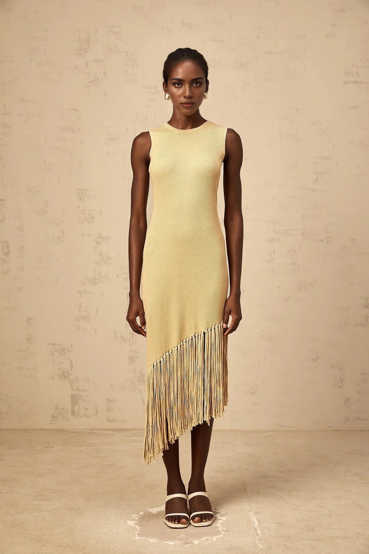 Gold Sleeveless Midi Dress with Asymmetric Fringe Hem Yseult neutrals asymmetrical-fringe knitted midi dress Evening Dress by YiHuiw