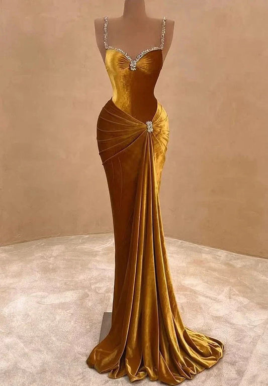 Gold Fashion Elegant Velvet Long Mermaid Slim Prom dress Evening Dress Party Dress simple gentle atmospheric and unique desi Bring summer colors to enhance whiteness by YiHuiw