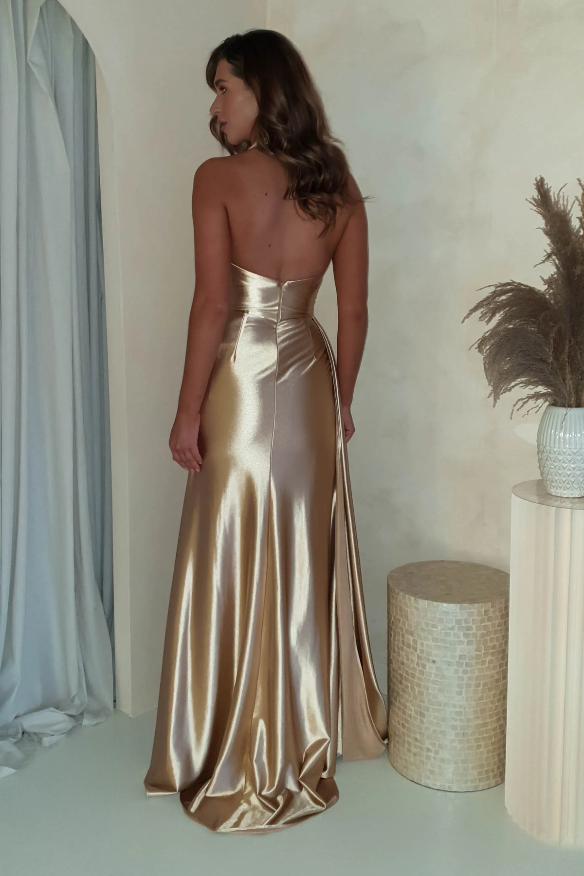 Gold Mermaid Halter Satin High Slit Wedding Dress - Yihuiw by Yihuiw