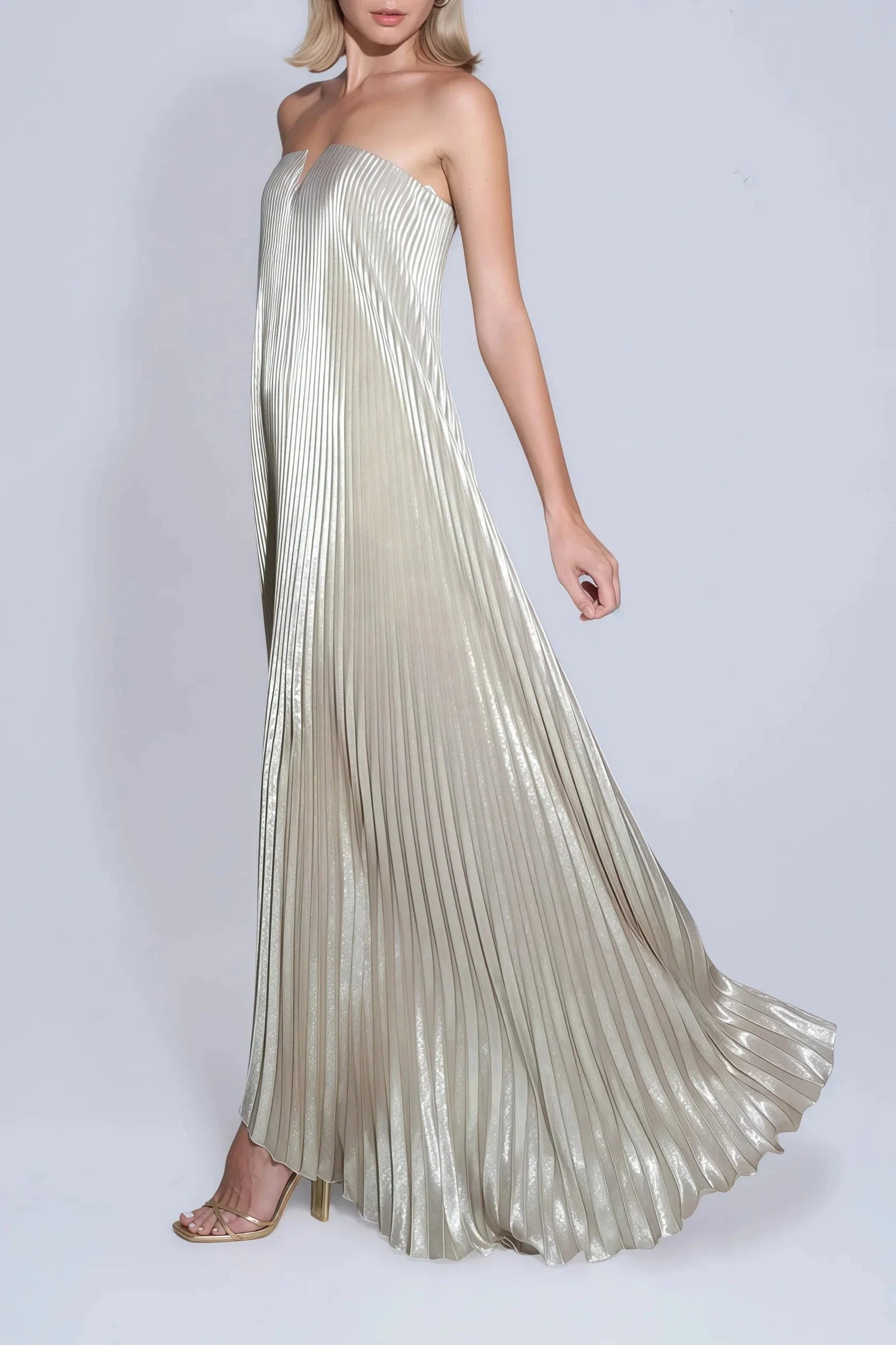 Gold Pleated Strapless Maxi Dress Gold Fully-pleated Maxi Dress Evening Dress by YiHuiw