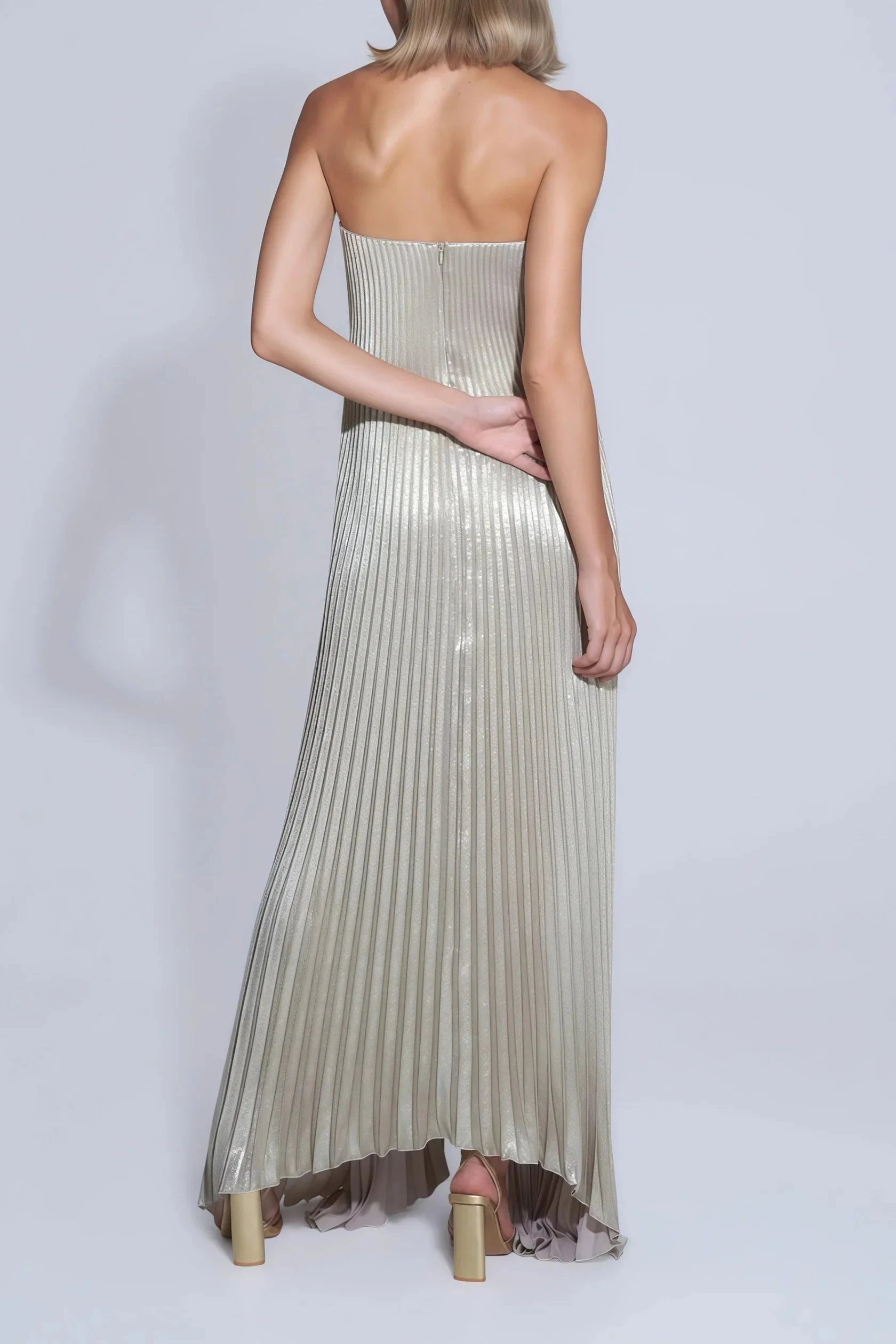 Gold Pleated Strapless Maxi Dress Gold Fully-pleated Maxi Dress Evening Dress by YiHuiw