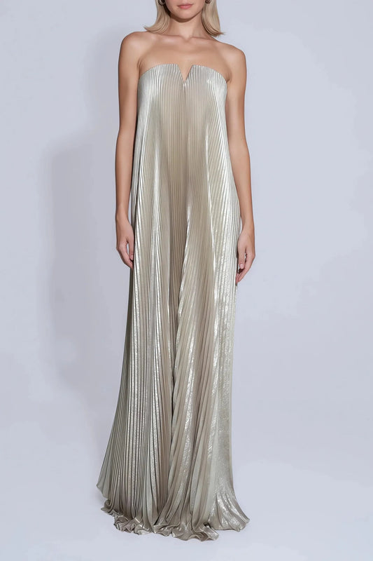 Gold Pleated Strapless Maxi Dress Gold Fully-pleated Maxi Dress Evening Dress by YiHuiw