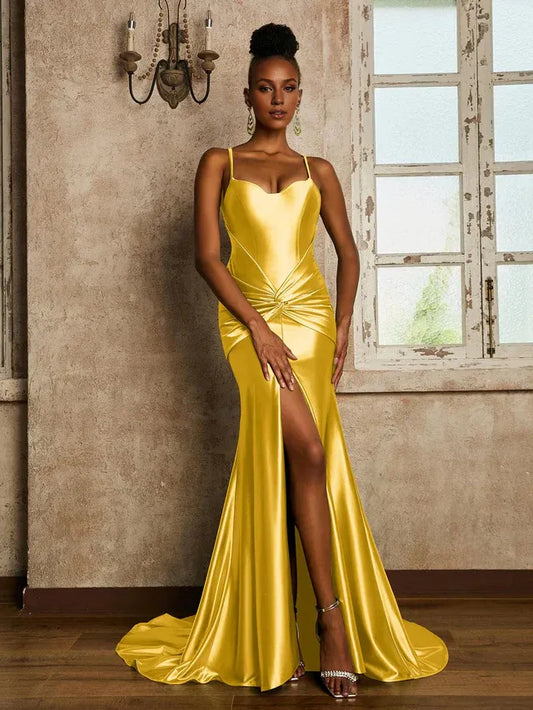 Mermaid Spaghetti Strap Satin High Slit Wedding Dress - Yihuiw by Yihuiw