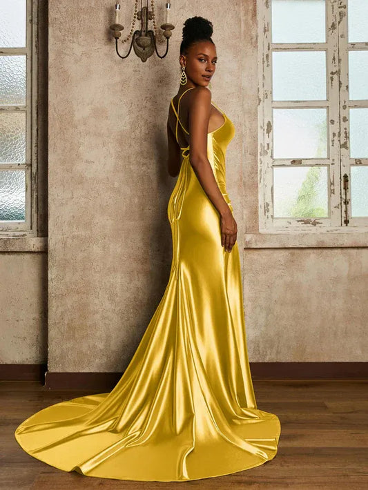Mermaid Spaghetti Strap Satin High Slit Wedding Dress - Yihuiw by Yihuiw