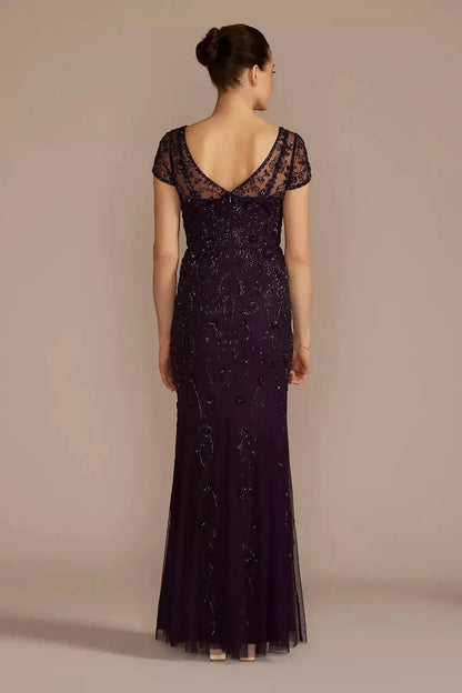 Gorgeous Mermaid V Neck Short Sleeve Beaded Back Floor Length Mother of the Bride Dress by YiHuiw