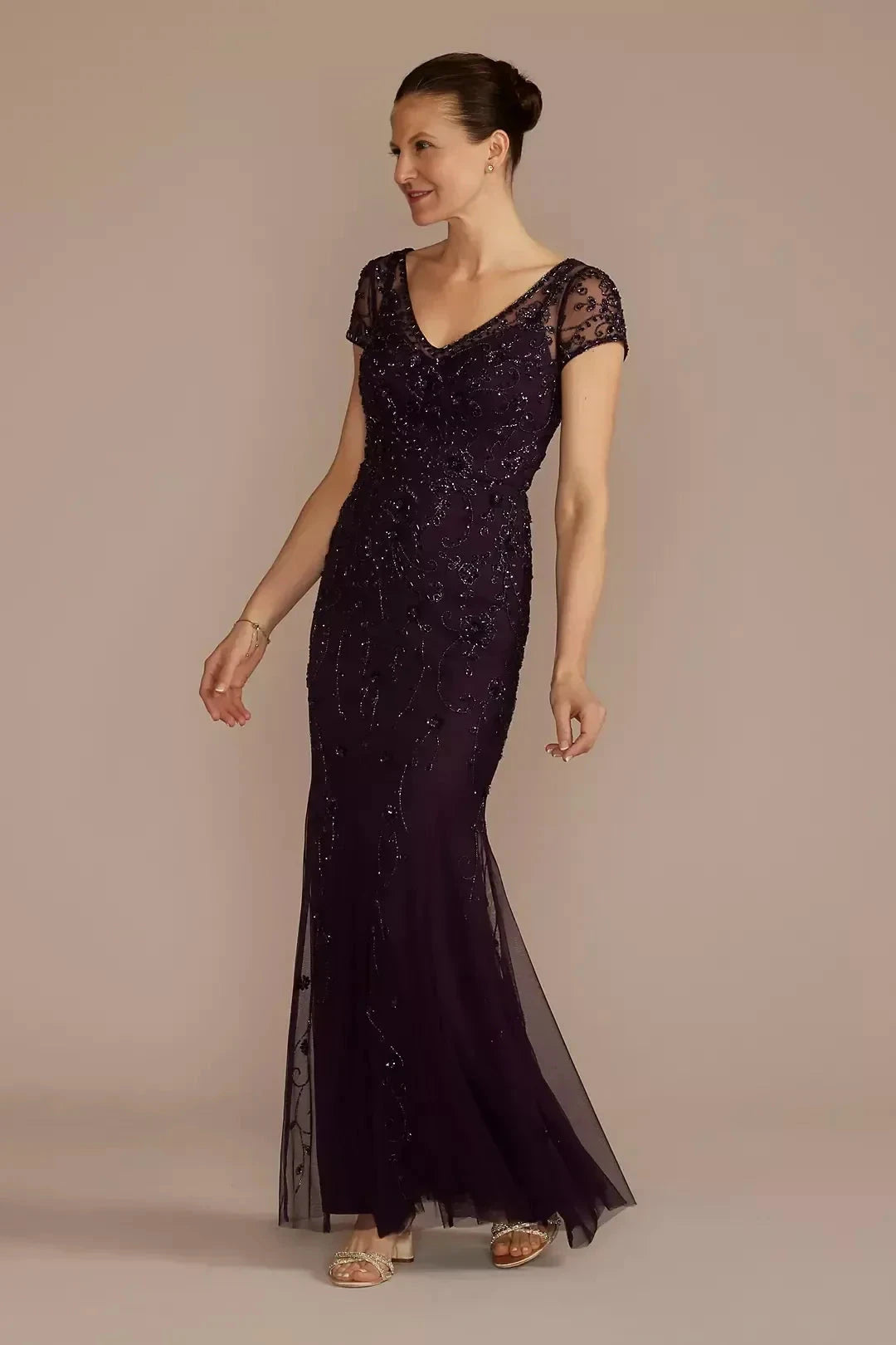 Gorgeous Mermaid V Neck Short Sleeve Beaded Back Floor Length Mother of the Bride Dress by YiHuiw