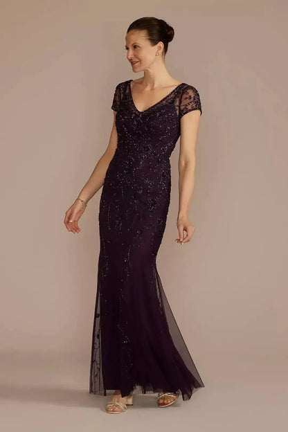 Gorgeous Mermaid V Neck Short Sleeve Beaded Back Floor Length Mother of the Bride Dress by YiHuiw