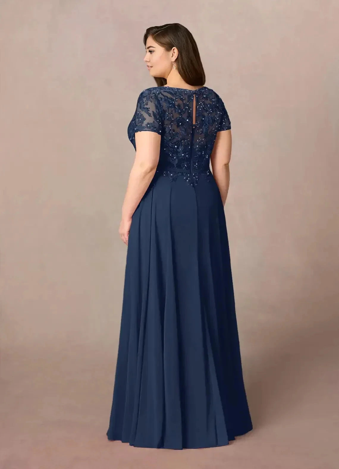 Gorgeous Plus Size A Line Boat Neck Short Sleeve Lace Back Floor Length Mother of the Bride Dress by YiHuiw