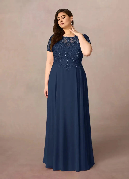 Gorgeous Plus Size A Line Boat Neck Short Sleeve Lace Back Floor Length Mother of the Bride Dress by YiHuiw