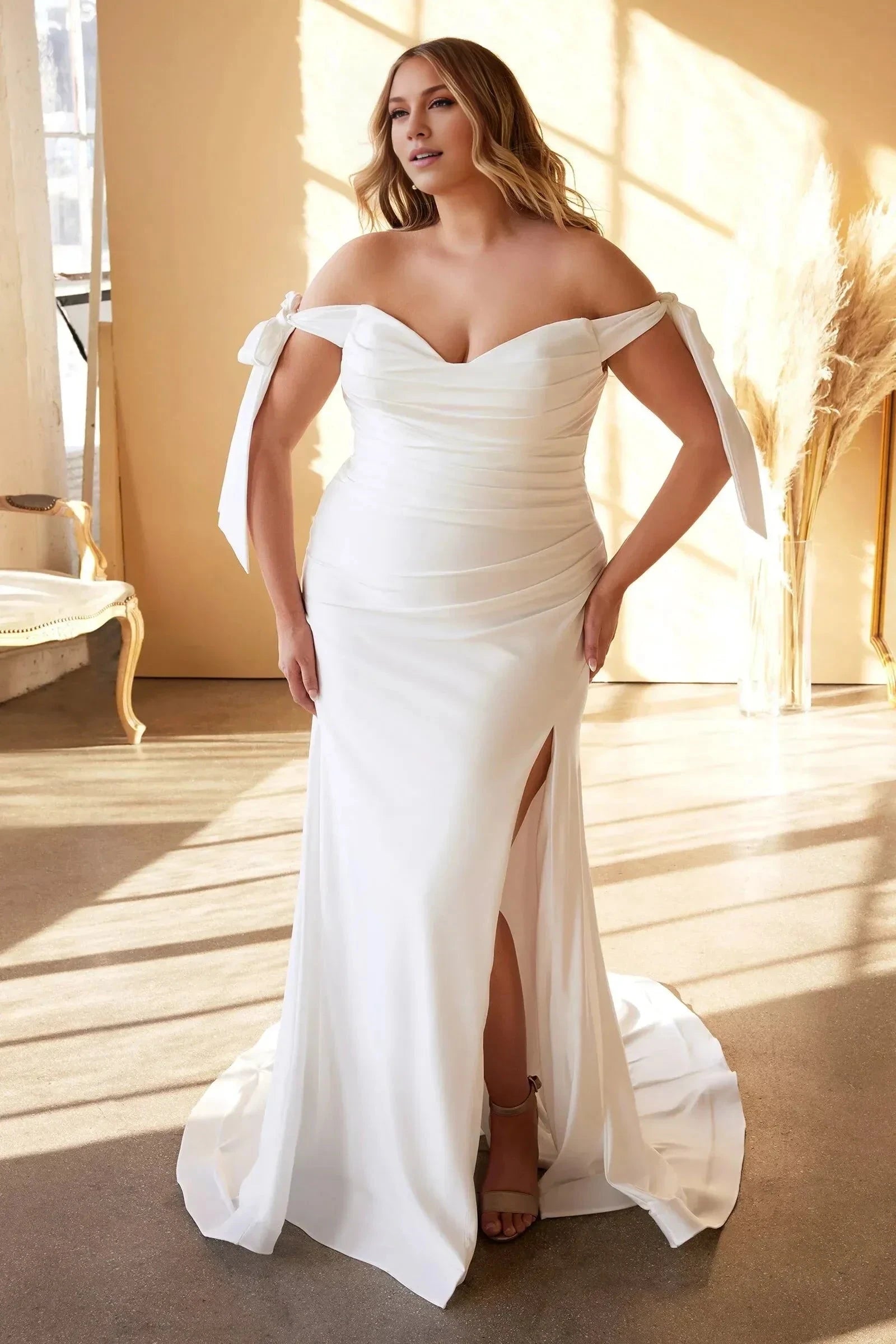 Gorgeous Plus Size Trumpet Off Shoulder Tie Sleeve Open Back Floor Length Wedding Dress by YiHuiw