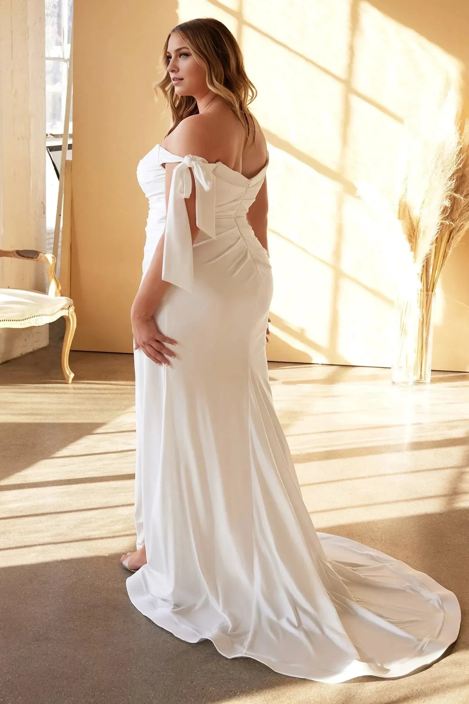 Gorgeous Plus Size Trumpet Off Shoulder Tie Sleeve Open Back Floor Length Wedding Dress by YiHuiw