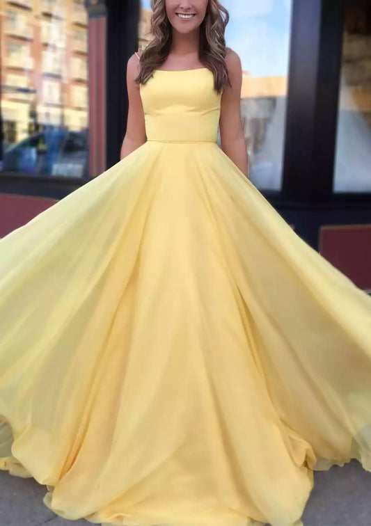 Gorgeous A-line boat neck, thin shoulder straps, trailing chiffon, fluffy and flowing Prom Dresses