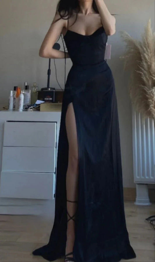 Gorgeous A line Spaghetti Straps Slit Black Evening Dress Prom Dresses Formal Summer Wedding Guest Dresses Wedding Guest Outfits simple gentle atmospheric and unique desi Bring summer colors to enhance whiteness by YiHuiw