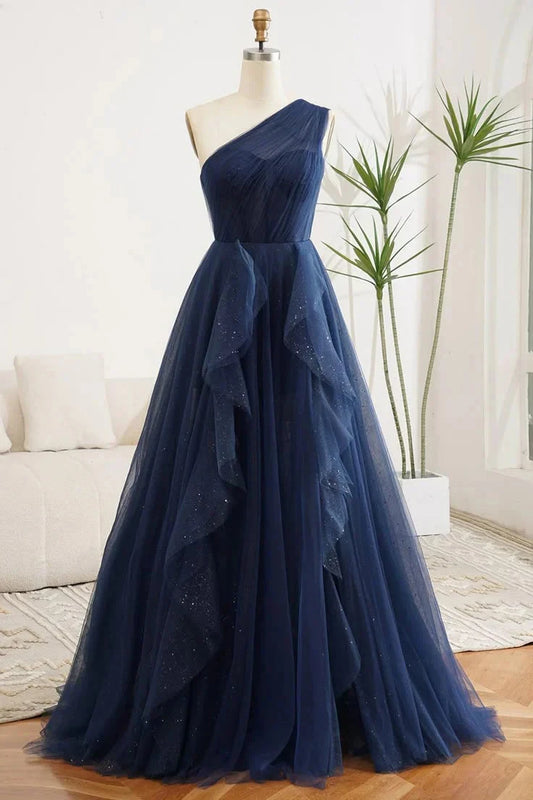 Gorgeous Ball Gown One Shoulder Navy Blue Tulle Party Prom Dresses Formal Summer Wedding Guest Dresses Wedding Guest Outfits simple gentle atmospheric and unique desi Bring summer colors to enhance whiteness by YiHuiw