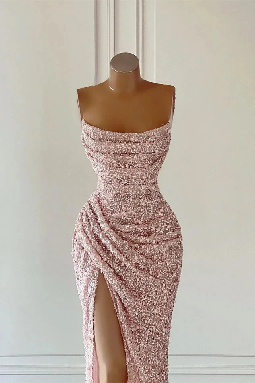 Gorgeous Light Pink Sequined Sleeveless Prom Dress With Slit simple gentle atmospheric and unique desi Bring summer colors to enhance whiteness by YiHuiw