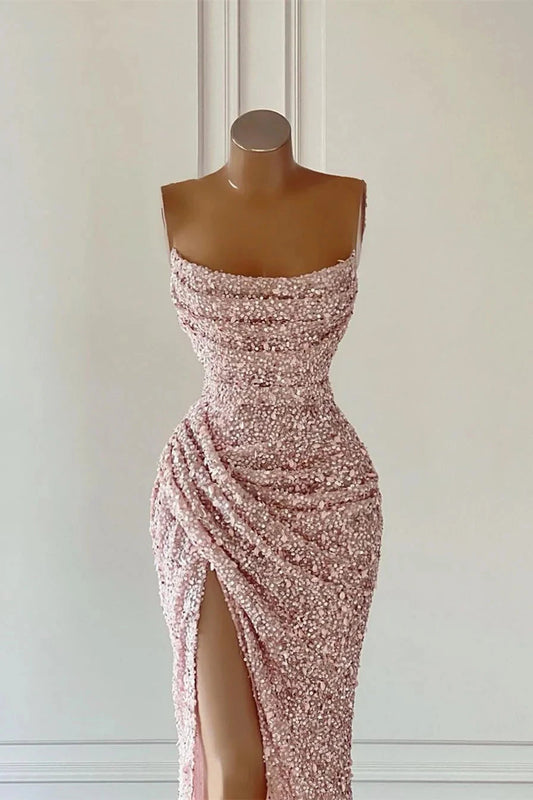 Gorgeous Light Pink Sequined Sleeveless Prom Dress With Slit simple gentle atmospheric and unique desi Bring summer colors to enhance whiteness by YiHuiw