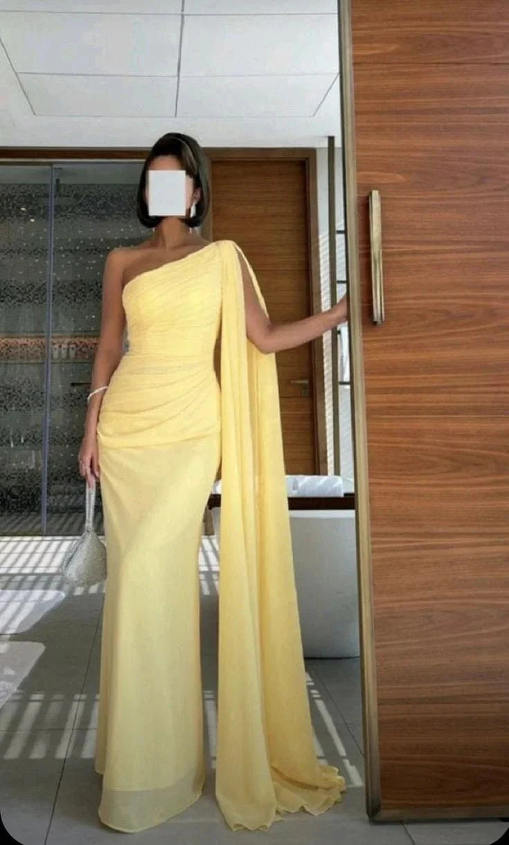 Gorgeous Mermaid One Shoulder Yellow Chiffon Party Prom Dresses Formal Summer Wedding Guest Dresses Wedding Guest Outfits simple gentle atmospheric and unique desi Bring summer colors to enhance whiteness by YiHuiw