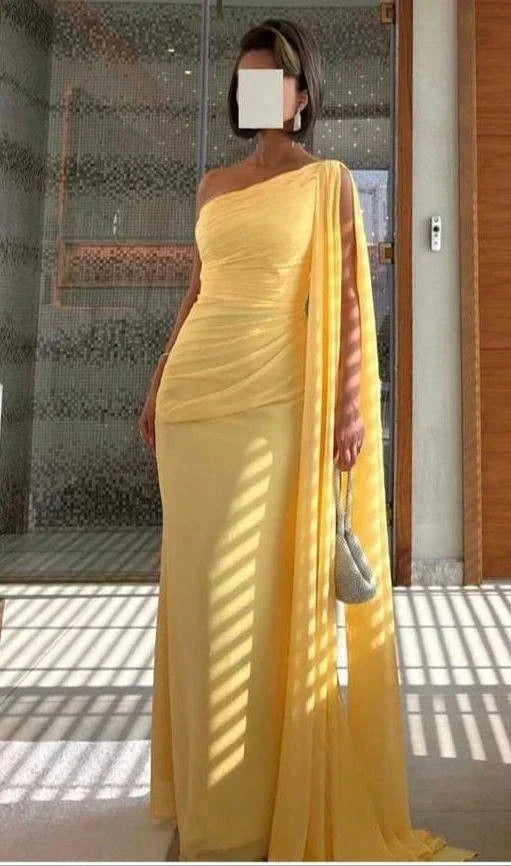 Gorgeous Mermaid One Shoulder Yellow Chiffon Party Prom Dresses Formal Summer Wedding Guest Dresses Wedding Guest Outfits simple gentle atmospheric and unique desi Bring summer colors to enhance whiteness by YiHuiw