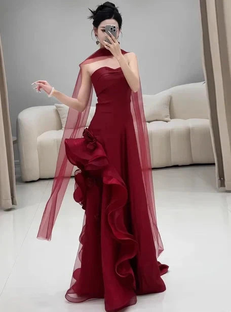 Gorgeous Sheath Strapless Burgundy Satin Prom Dresses Formal Summer Wedding Guest Dresses Wedding Guest Outfits With Scarf simple gentle atmospheric and unique desi Bring summer colors to enhance whiteness by YiHuiw