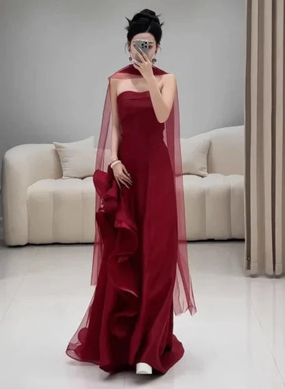 Gorgeous Sheath Strapless Burgundy Satin Prom Dresses Formal Summer Wedding Guest Dresses Wedding Guest Outfits With Scarf simple gentle atmospheric and unique desi Bring summer colors to enhance whiteness by YiHuiw