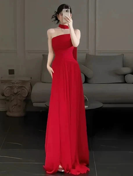 Gorgeous Sheath Strapless Red Chiffon Slit Prom Dresses Formal Summer Wedding Guest Dresses Wedding Guest Outfits simple gentle atmospheric and unique desi Bring summer colors to enhance whiteness by YiHuiw